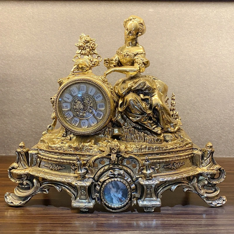 

All-bronze European-style French retro Madame Pompadou beauty statue clock table clock