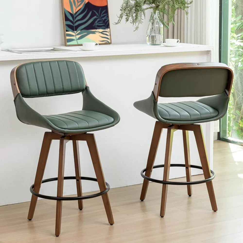 

Pair of 26.4 High Leather Swivel Bar Stools with Cushioned Backrest and Walnut Finish