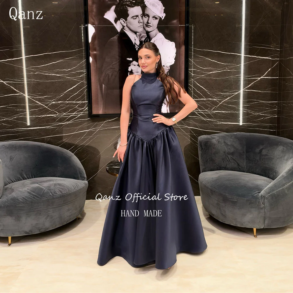 Qanz Navy Blue Satin Women's Formal Evening Gowns Long A Line Halter Neck Prom Dresses Sleeveless Robe De Soirée Customized