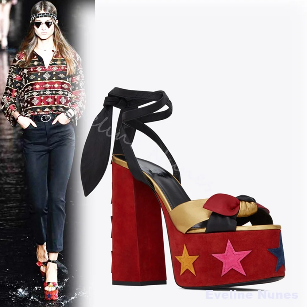 Peep Toe Mixed Colors Platform Sandals Women Fashion Five-pointed Star Red Sandals 2026 Sexy Runway Plus Size Buckle High Heels