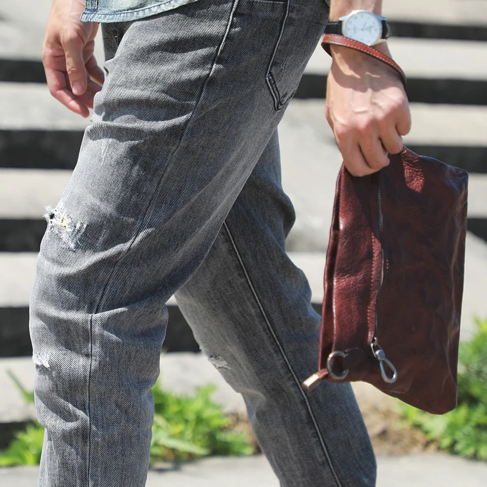 Echte Leder-Umhängetasche für Herren, Clutch-Tasche, modische Brusttasche aus Rindsleder, pflanzlich gegerbtes Leder, handgefärbt – Detail 3