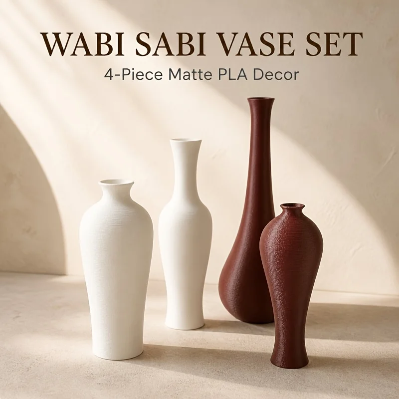 3D Printed Decorative Vase Set with PLA Material Matte Textured Slim Neck Design for Living Room Shelf Dried Flower Arrangement