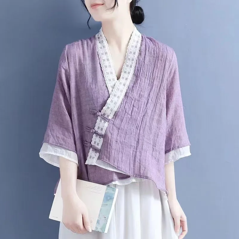 Fashion Woman Blouses 2024Linen Clothing Chinese Traditional Clothes For Women Vintage Top Female Chinoiserie Summer Tang Suit