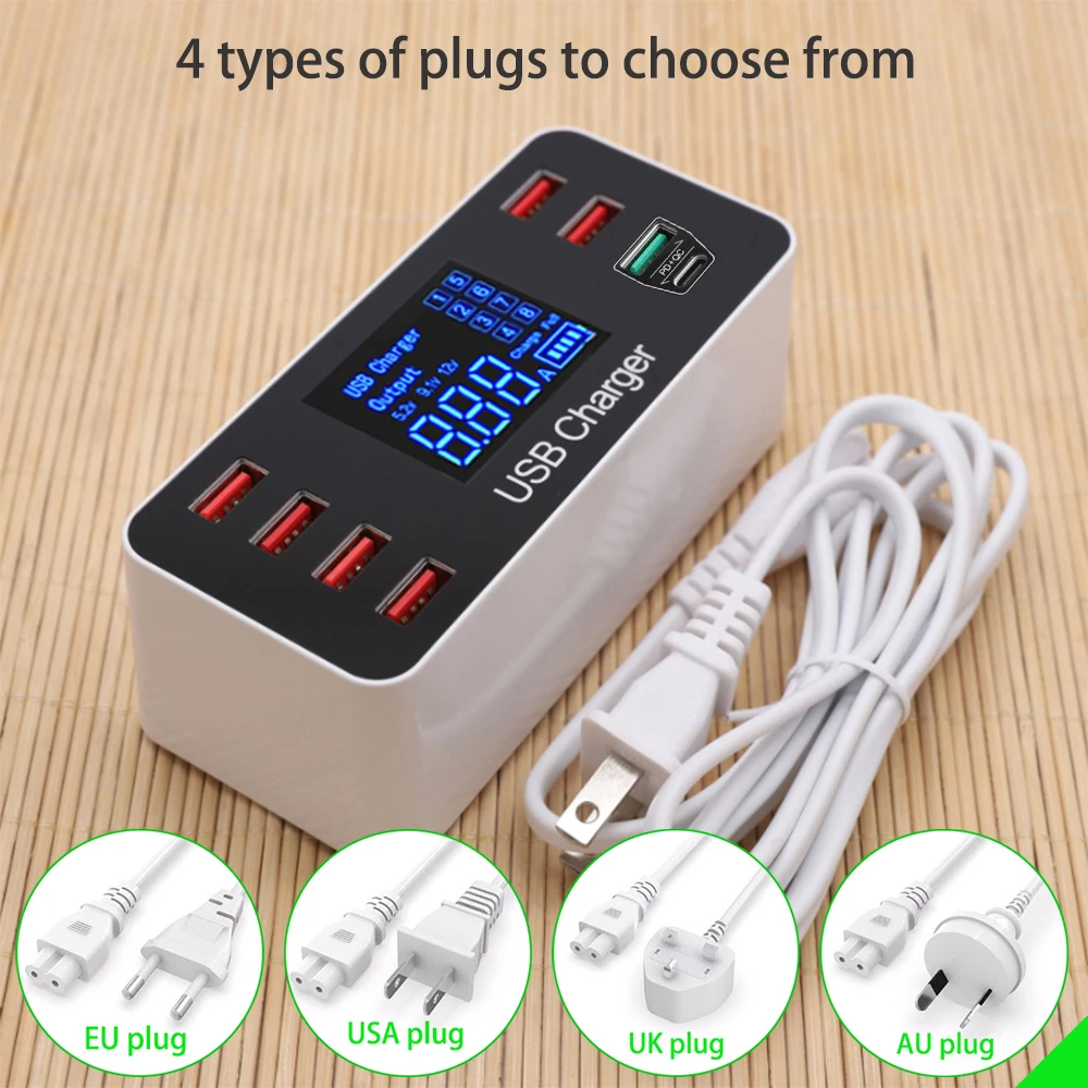 40W Quick Charge QC3.0 Fast Charging Adapter 8 ports Type C PD20W USB Charger Station Phone Tablets Destop Smart Display Charger