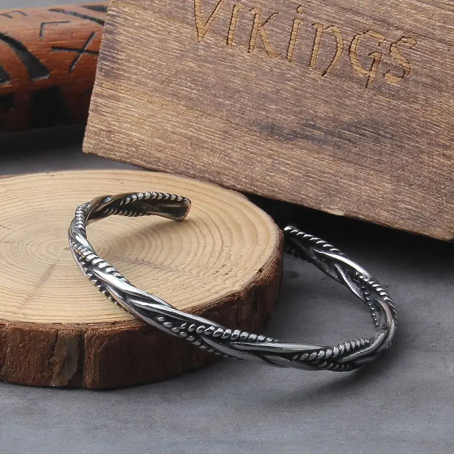 Vintage Silver Color Open Cuff Bracelet for Men, Nordic Viking Bangle, Unique Twisted Woven Wristband, Jewelry Gift, Trendy