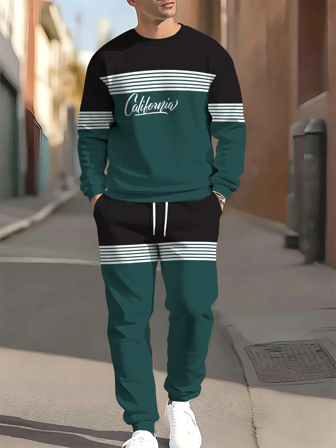2026 autumn and winter new style street casual fashion comfortable soft 3D letter pattern printed men's round neck sweater set