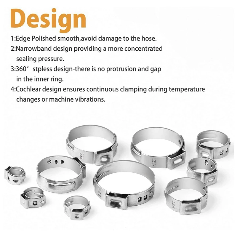 

115Pcs 304 Stainless Steel Single Ear Hose Clamp 6-28.6Mm Single Ear Hoop Combination With Pliers Hose Clamp Pliers