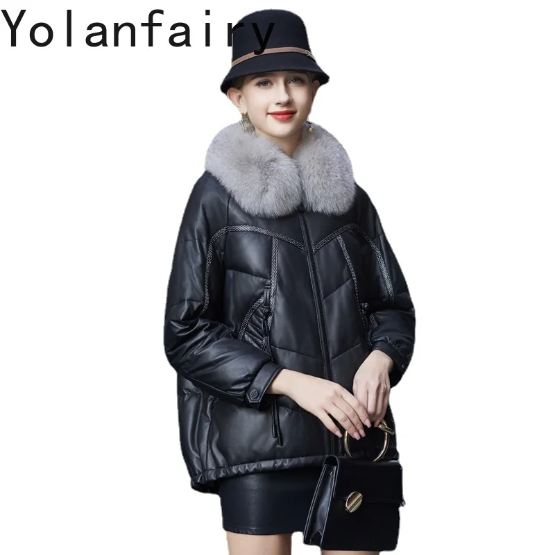 

Genuine Leather Down Jacket Women's Fox Fur Collar Sheepskin Coat Short 2023 Winter New Large-sized Thick Women Leather Jackets