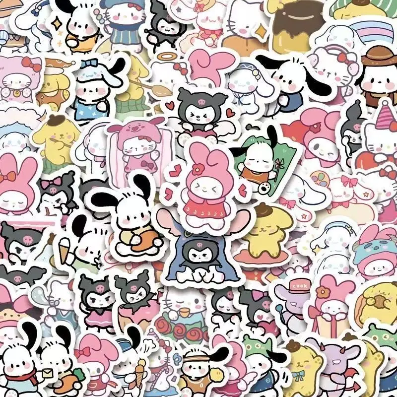 Pegatinas de Sanrio pintadas a mano para decoración de cuaderno, calcomanías de dibujos animados de 100 piezas, calcomanías cruzadas Kuromi Cinnamoroll