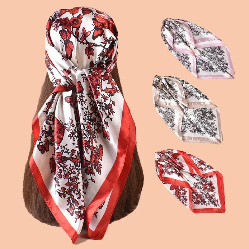 90*90cm Seidenschal für Damen, mit Blumenmuster bedruckter quadratischer Schal, muslimischer Hijab, Bürodamen Halstuch, Haarbandana, Geschenk, Muffler, Foulard