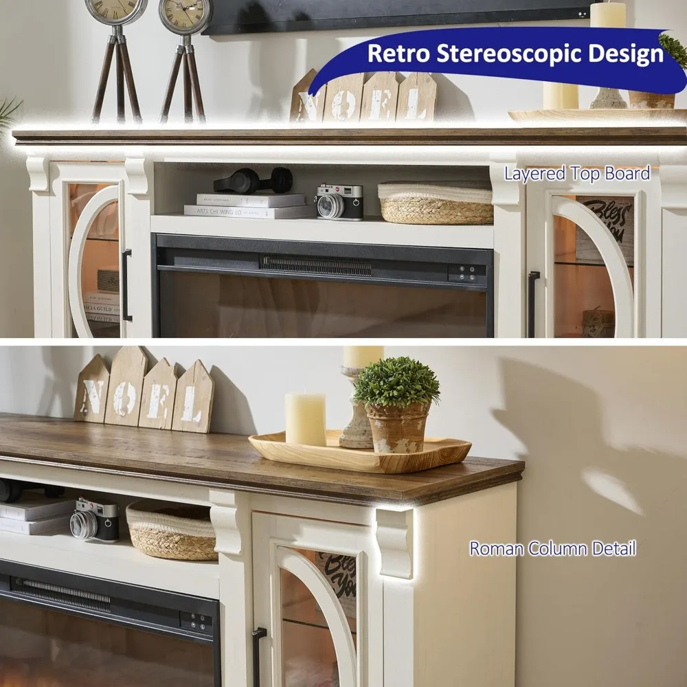 مركز ترفيه مدفأة كهربائية LED لـ 80 تلفزيونًا، حامل تلفزيون على طراز المزرعة مع 36 مدفأة