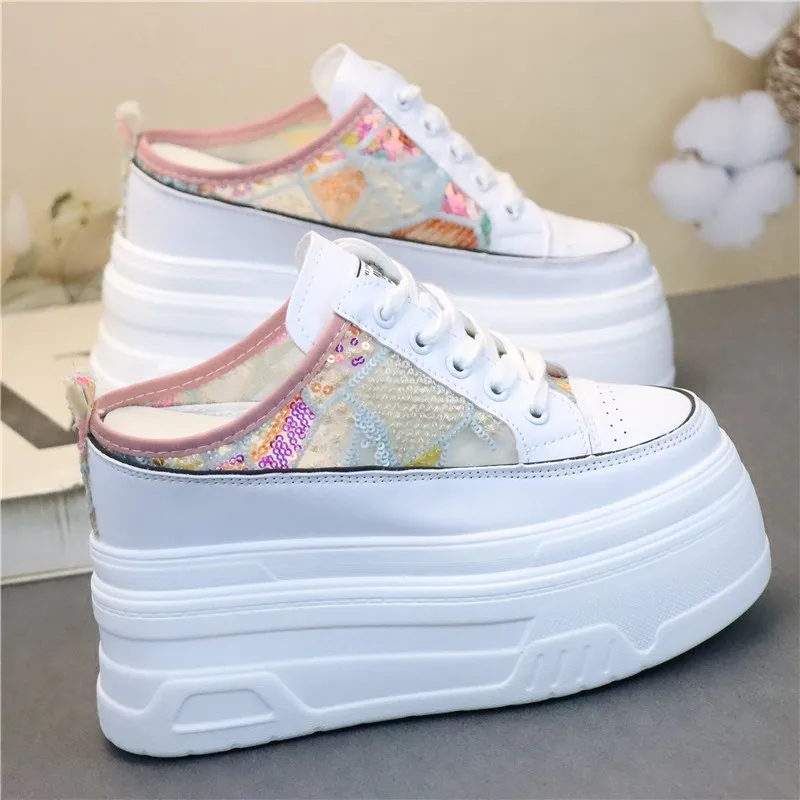 Summer New Mesh Cloth Breathable Bag Head Drag High with 12cm Thin Man Heelless Lazy Slip-on Female Drag designer sandals