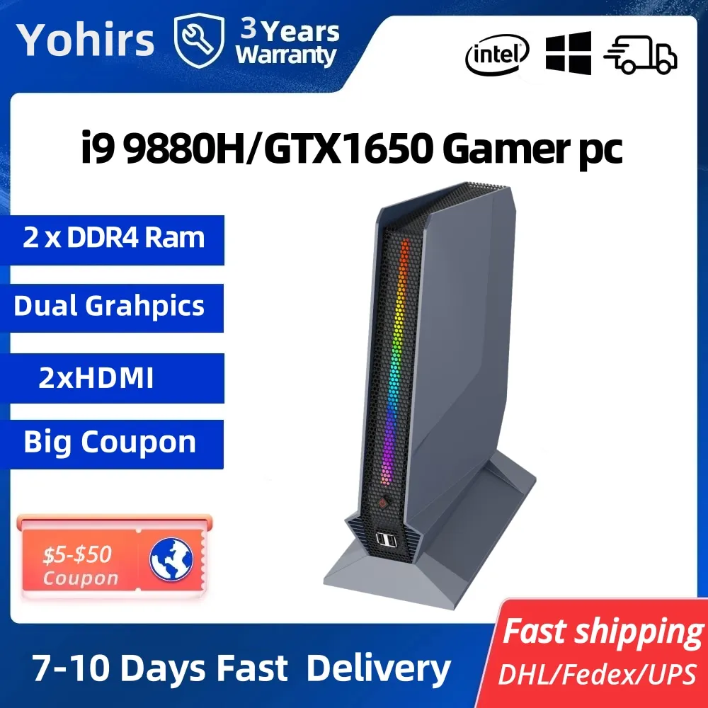 Yohirs-최신 소형 데스크탑 컴퓨터, 코어 i5 9300H i7 9750H i9 9880H GTX1650 4G 2 * DDR4 2 * M.2 게임용 미니 PC 2 * HDMI WIFI6