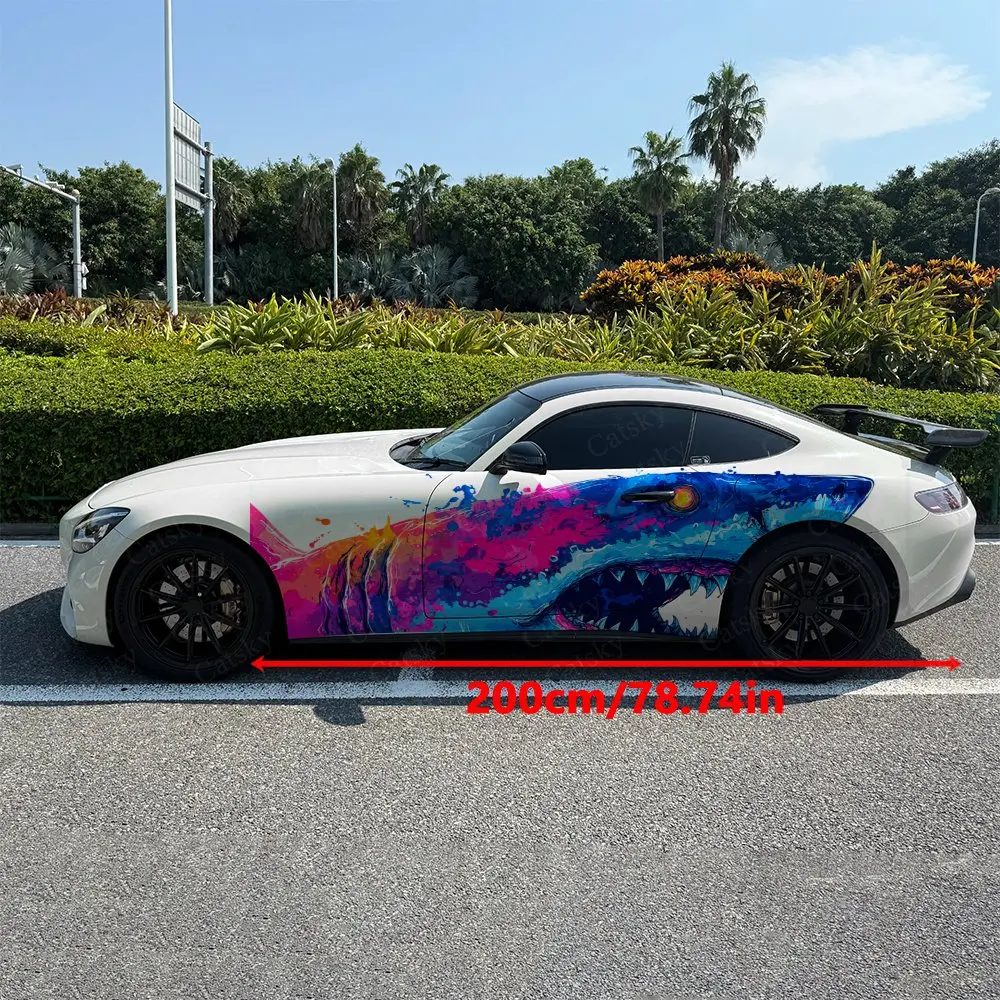 2pcs Neon Giant Shark Car Side Wraps, Self-Adhesive PVC Waterproof & Scratch-Resistant Stickers, Car Accessory Gift