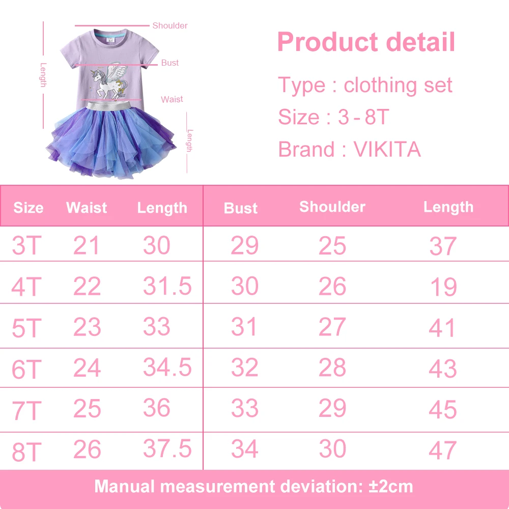 VIKITA Girls Clothing Sets Summer Cartoon T-shirts+Skrits Shorts Kids Clothes Casual Clothing Sets Cotton Children Toddler Suits