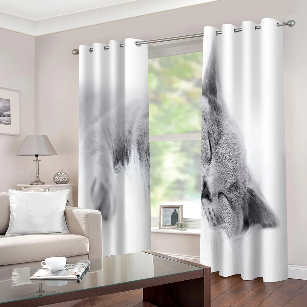 HUANZHUANG Home Interior Curtains Grey Animal Cat Curtain D Print Bedroom Living Room Window Blackout Partition Style Home Decor