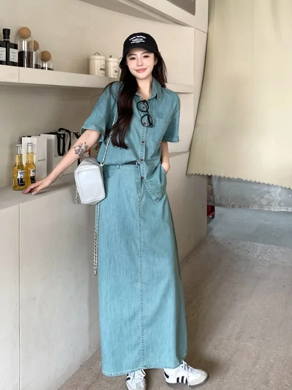 

plus Size Women's American Retro Light Blue Casual ort Sve irt Summer New High Waist Denim Skirt Faionable