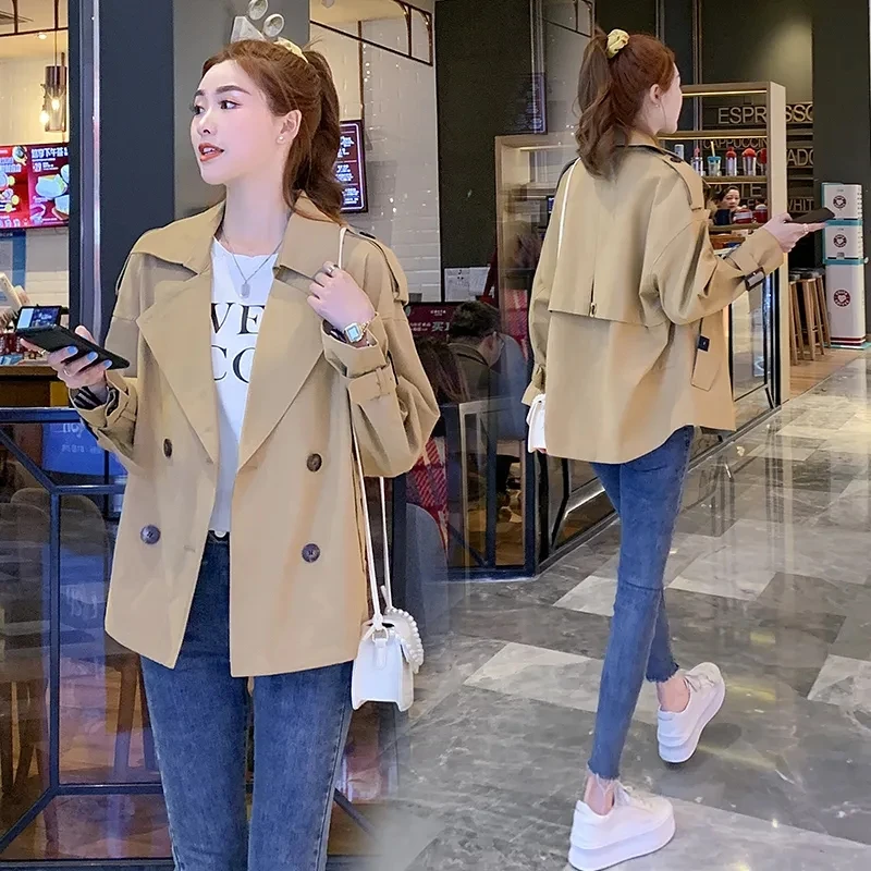 Solid Color Short Windbreaker Women's Spring Jacket 2022 New Trend Loose Khaki Autumn Coat Suit Collar Double Breasted Jackets