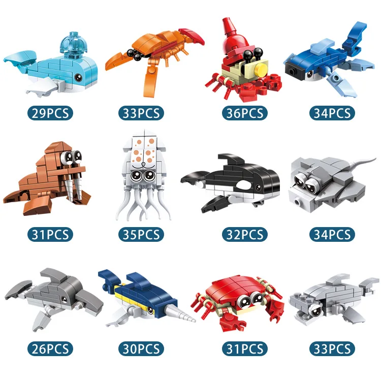 Creativity Mini Ocean Animal Model Building Blocks12 in 1 Lobster Whale Bricks Christmas Educational Assembly Toys for Kids