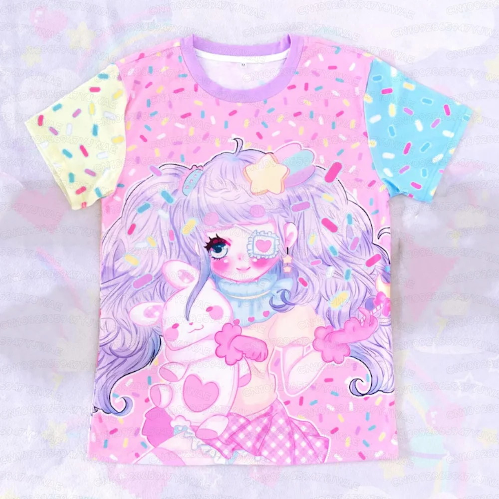 Sommerliches süßes Kawaii Bunny Candy Anime Girl Yume Kawaii Fairy Kei Sweet Pastel Pink Damen Kurzarm-Freizeit-T-Shirt – Detail 6