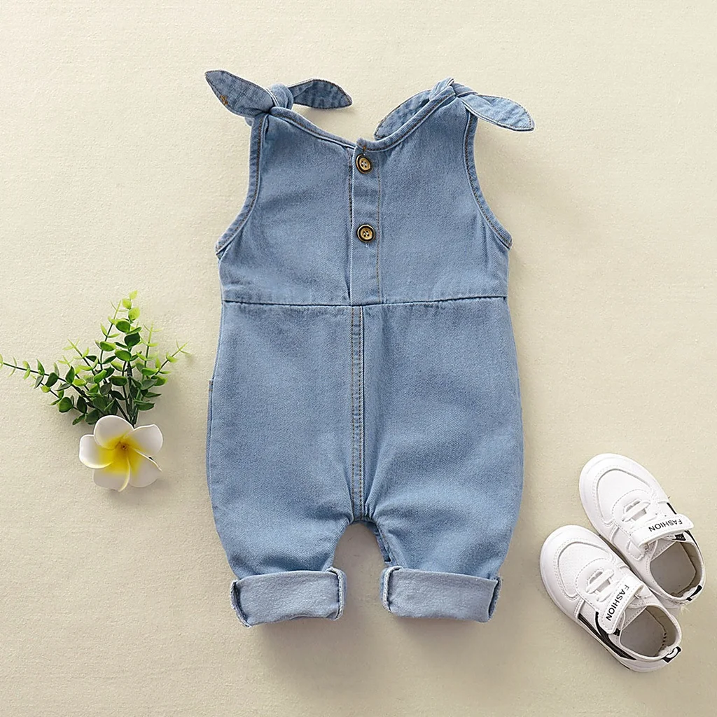 Newborn Baby Girl and Boy Romper Denim Solid Tether Sling Button Baby One Piece 0-12 Months Unisex Fashion Romper Jeans