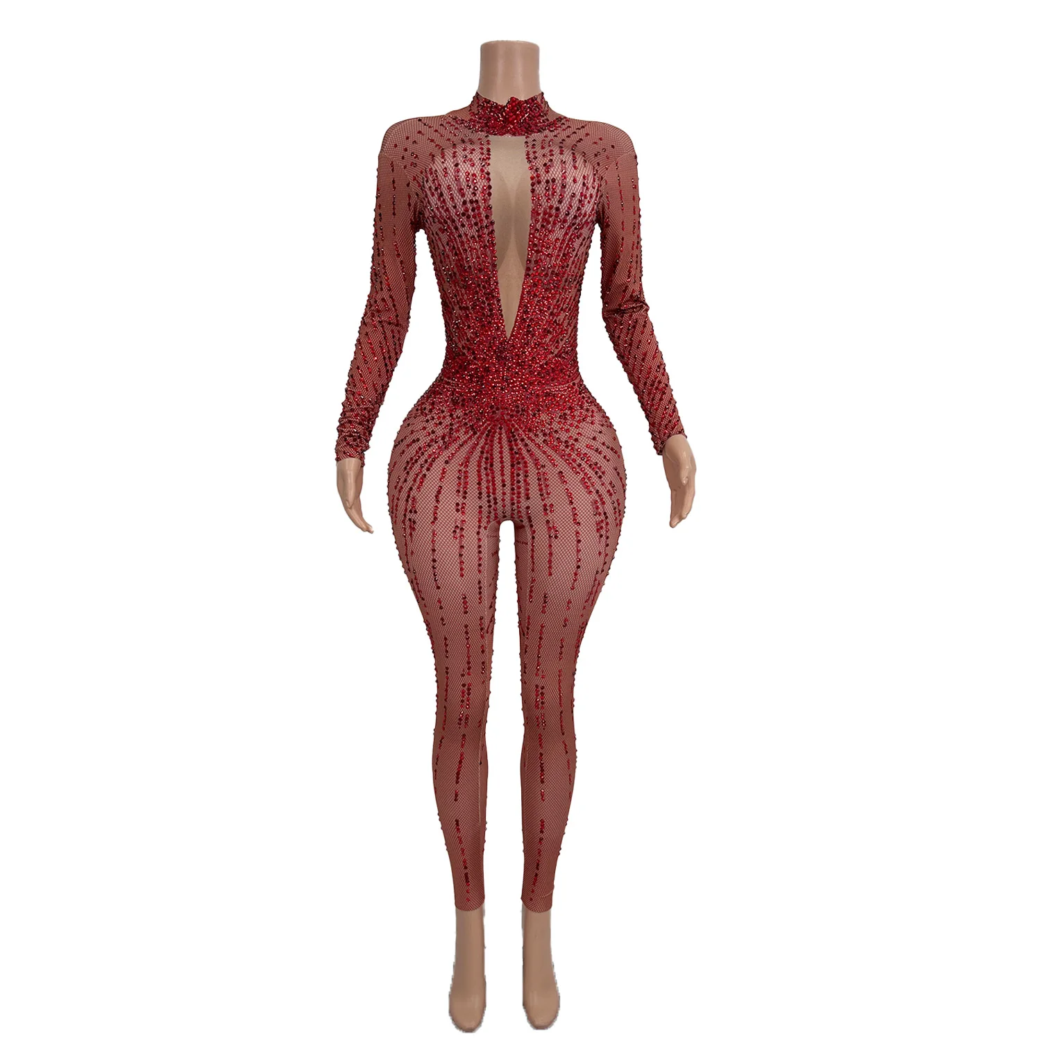 High Elasticity Women Jumpsuit Shiny Red Diamond Mesh Tight Pants Bar Performance Outfit Christmas New Year Prom Gowns