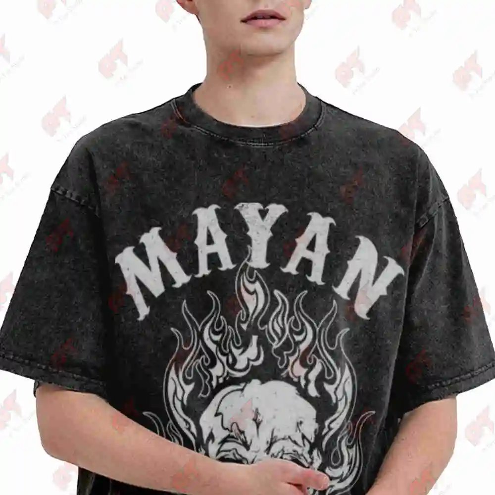Mayan Motorcycle Club Distressed Flaming Skull Vintage Washed Tee Pure Cotton T-Shirt