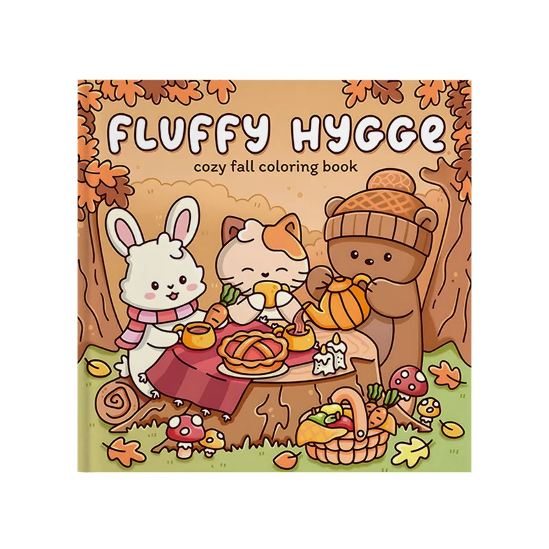 Fluffy Hygge Cozy Fall Coloring Book Cute Animal Rabbit Bear Stress Relief Drawing Book