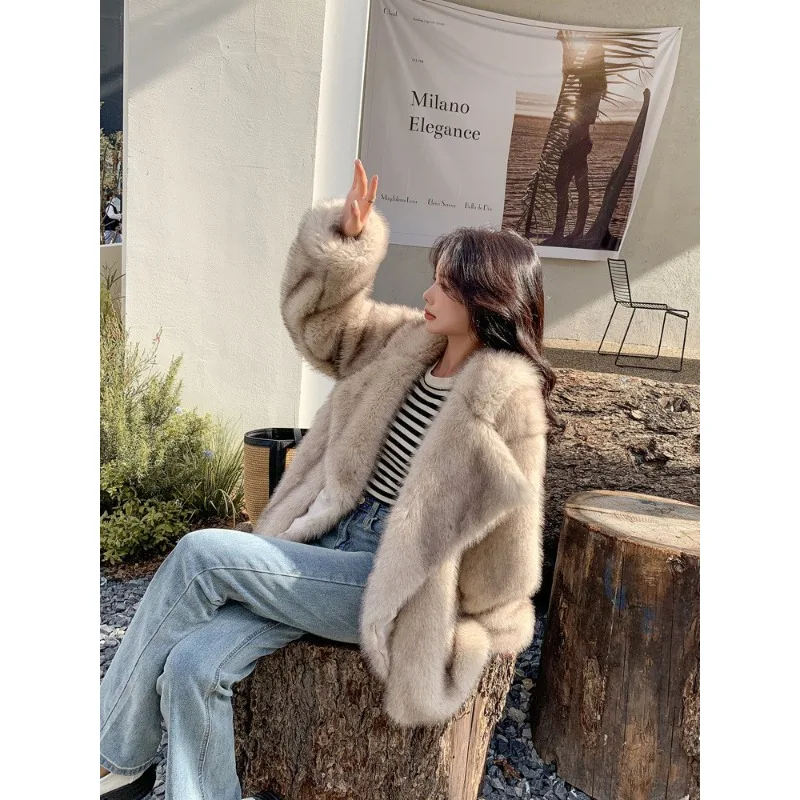 تقليد معطف فرو الثعلب المرأة متوسطة وطويلة مزاجه كبير التلبيب فضفاض الإنترنت المشاهير أفخم معطف رائعة وبسيطة #1