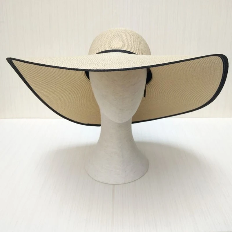 Sombrero de paja tejido a mano para mujer, gorro de playa con costuras de borde grande, 18cm, plegable, venta al por mayor