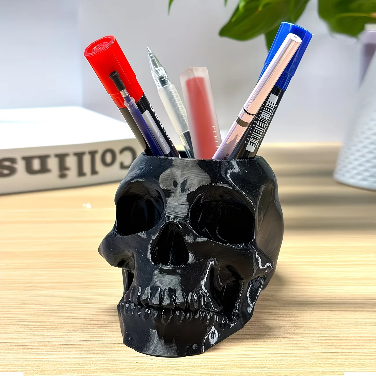 Totenkopf-Stifthalter Totenkopf-Make-up-Pinselhalter Totenkopf-Pflanzgefäß, Gothic-Dekorationen für Zuhause Büro Innenbereich Schreibtisch-Dekorationen – Detail 7