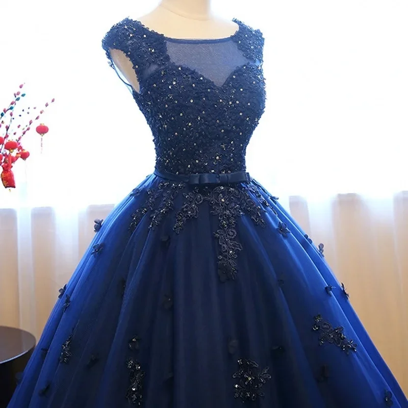 Vestidos Quinceanera azul marinho românticos, vestido de baile, apliques formais, vestido de aniversário de 16 princesas, 15 anos