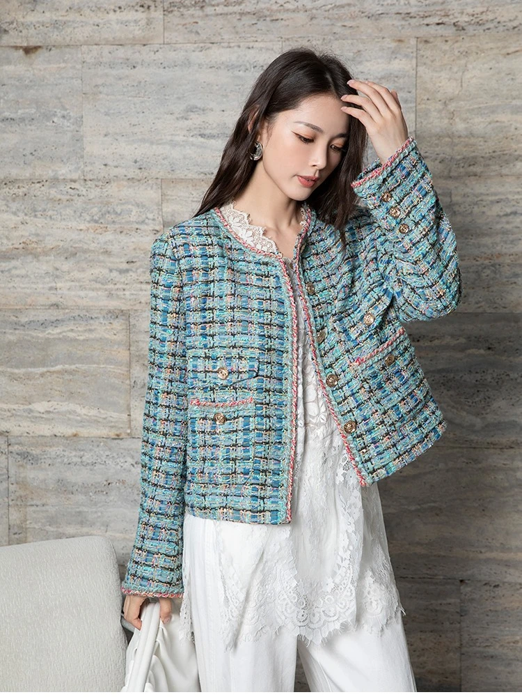 سترة تويد منقوشة فاخرة للنساء، رقبة دائرية عتيقة، جودة عالية، خريف وشتاء، طراز كوري، 2025