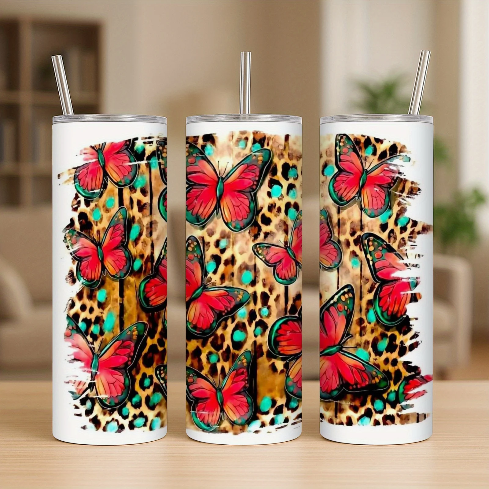 1pc 20oz Leopard Butterfly Tumbler with Lid And Straw, Hot for 12h, Cold for 24h. Coffee Mug, Vacuum Cup. Great Gift for Women, Girls, Fashion Lovers. Eye-catching Animal Print, Great for Car, Gym, Home Or Travel.