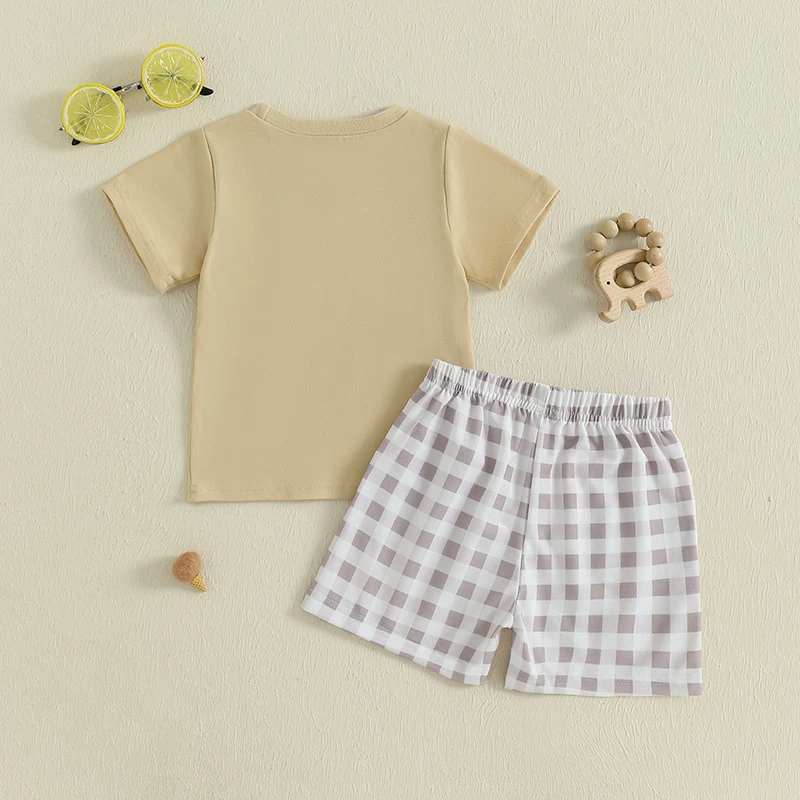 Toddler Boy Summer Outfits Bull Head Embroidery Short Sleeve Round Neck T-Shirts with Elastic Waist Plaid Shorts