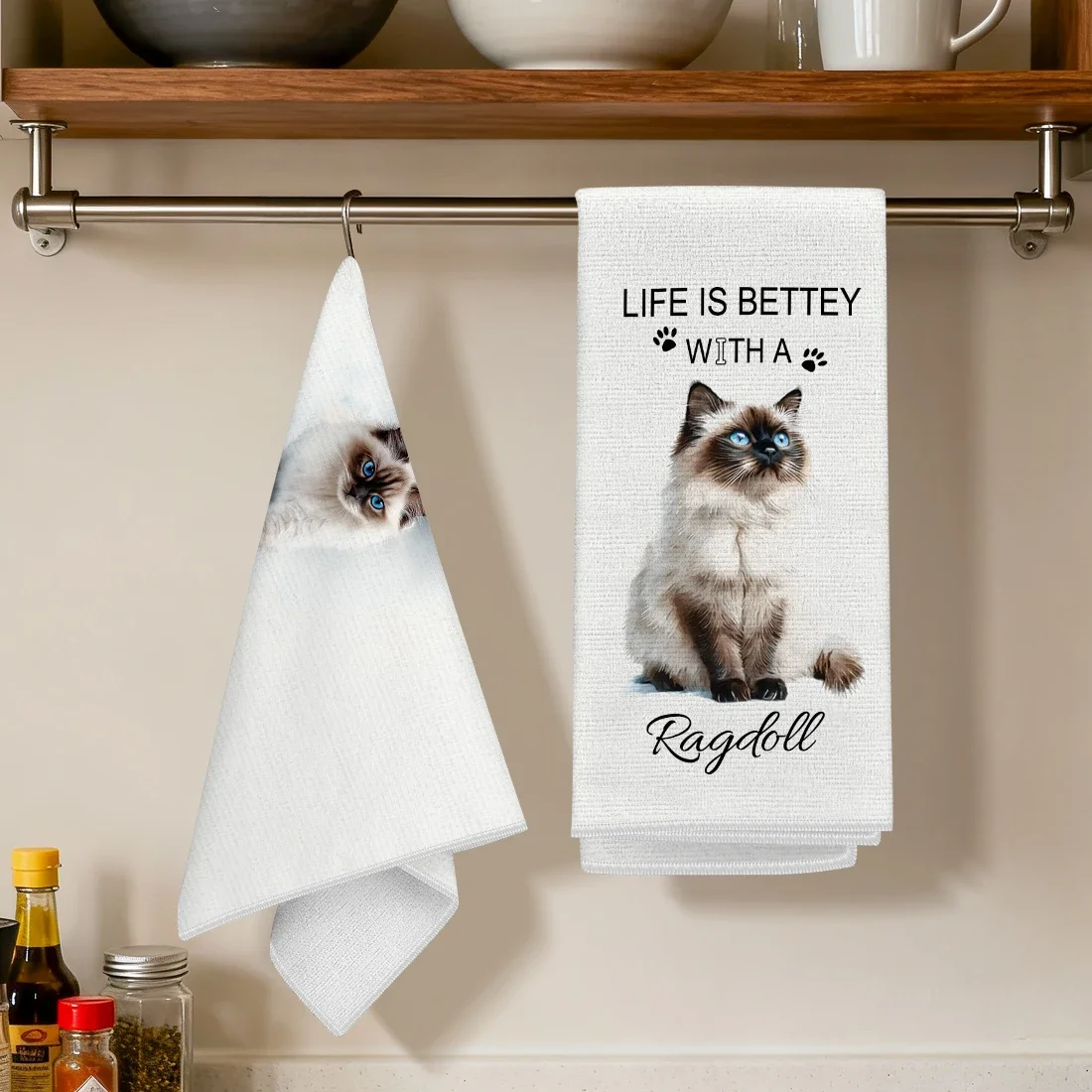 2pcs Set Kitchen Towels Ragdoll Cat Funny Text PatternHand Towels Christmas Decorations For Home Noel Dish Towels Gifts