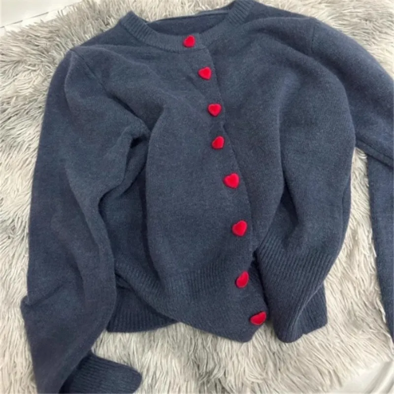 Korean Style Cardigans for Women Long Sleeve Knitted Heart Button Vintage Simple Chic Clothing Autumn Winter O-neck Warm College