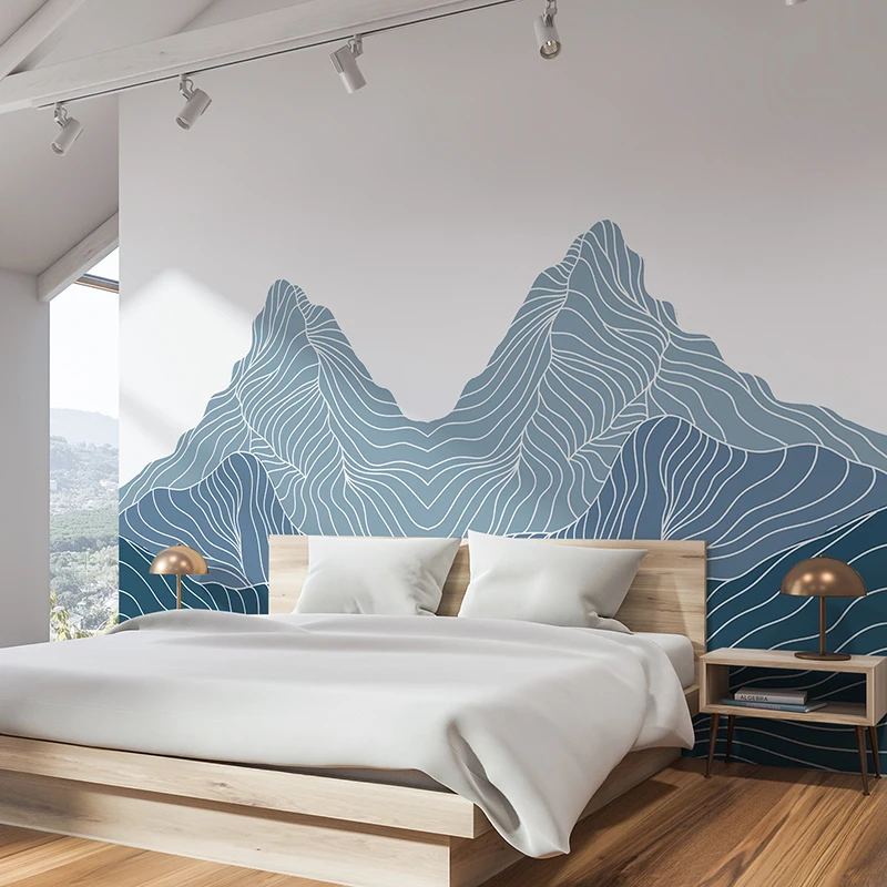 Blue Line Wave Moutain Wall Mural Creative Waterproof Self-Adhesive Fabric Wall Stickers Landscape Wallpaper for Home Decoration