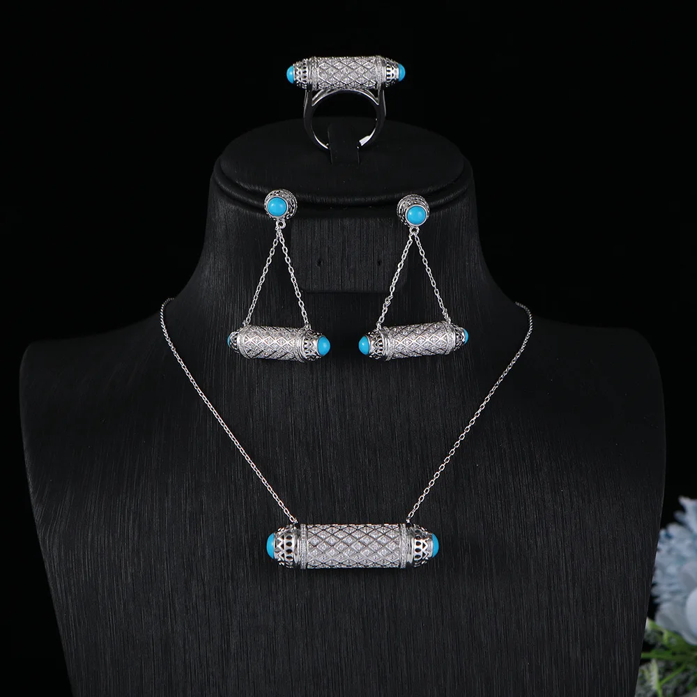 

Luxury Vintage Bullet Blue Turquoise Jewelry Women's Full Zirconia Necklace Earrings Ring Set For Women Dinner Party Accessories