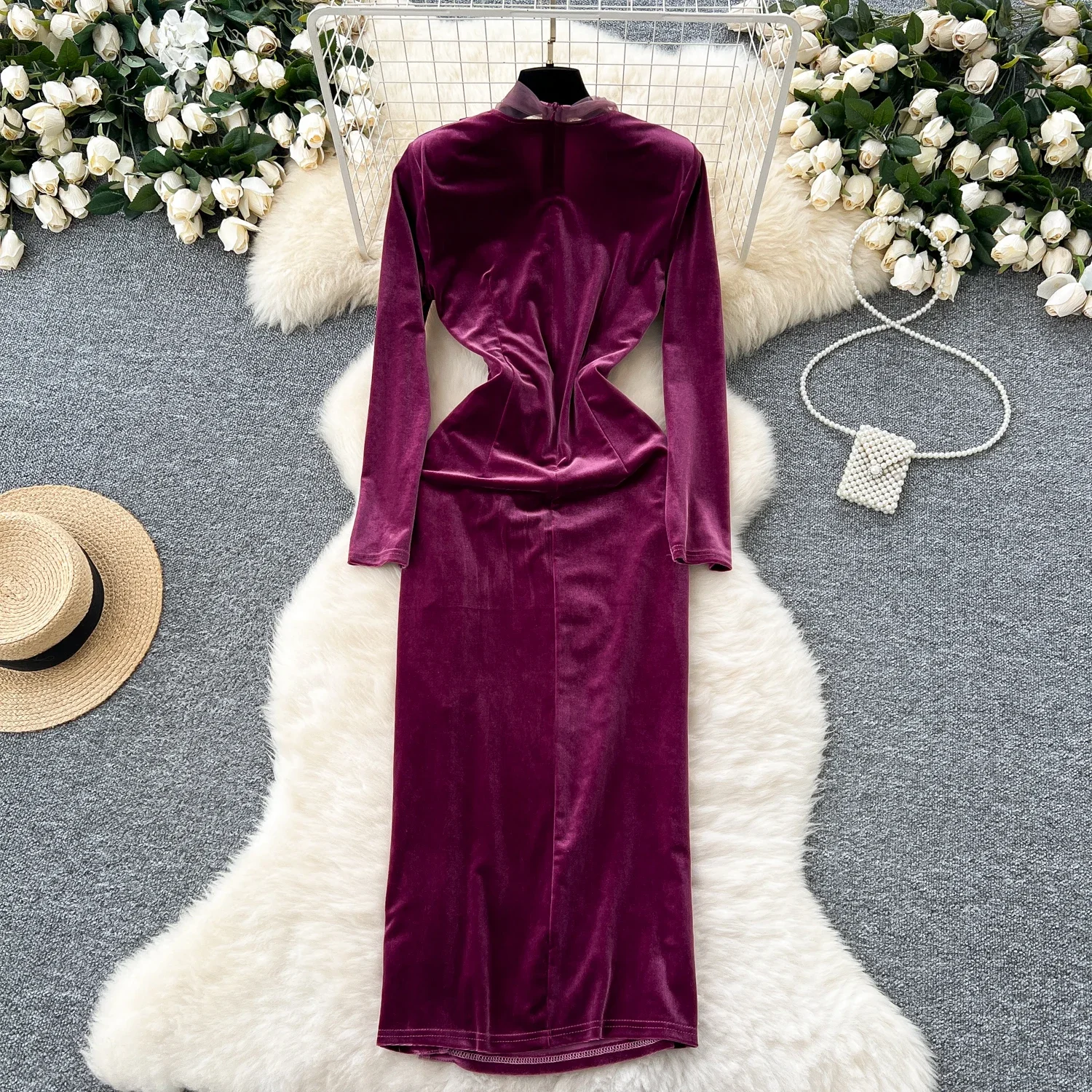 Women V-neck Vintage Long Sleeve Elegant Mesh 3D Floral Chic Split Velet Slim Dresses French Evening High Street Winter Clothing