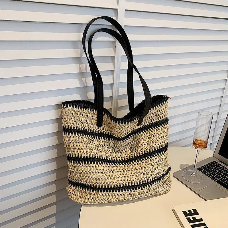 

Straw Striped Large Capacity Casual Tote Bag For Women 202 New Summer Woven One-Shoulder Versatile Niche Portable bolsa