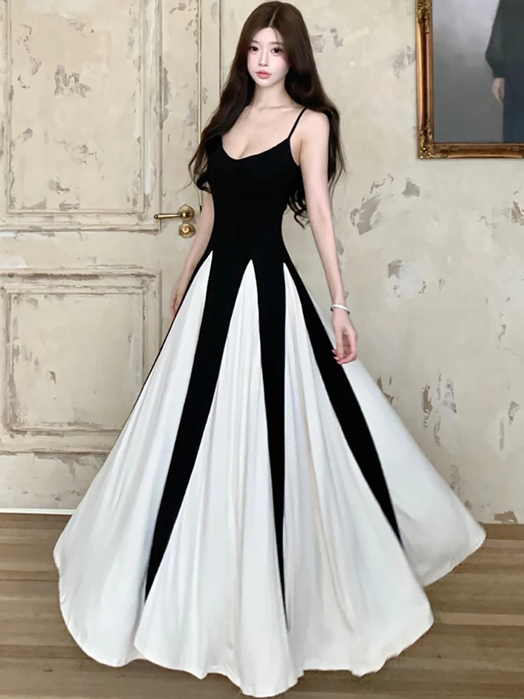 Feminino coreano vintage hepburn luxo vestido longo verão preto retalhos branco babados vestido 2025 elegante bodycon sexy estilingue vestido