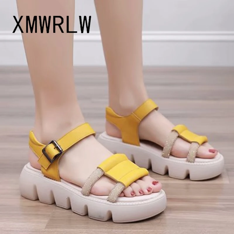 

XMWRLW Summer Women Flat Sandals Genuine Leather Thick Sole Ladies Summer Shoes Women Sandals Non-Slip Shoes Plus Size 41 Sandal