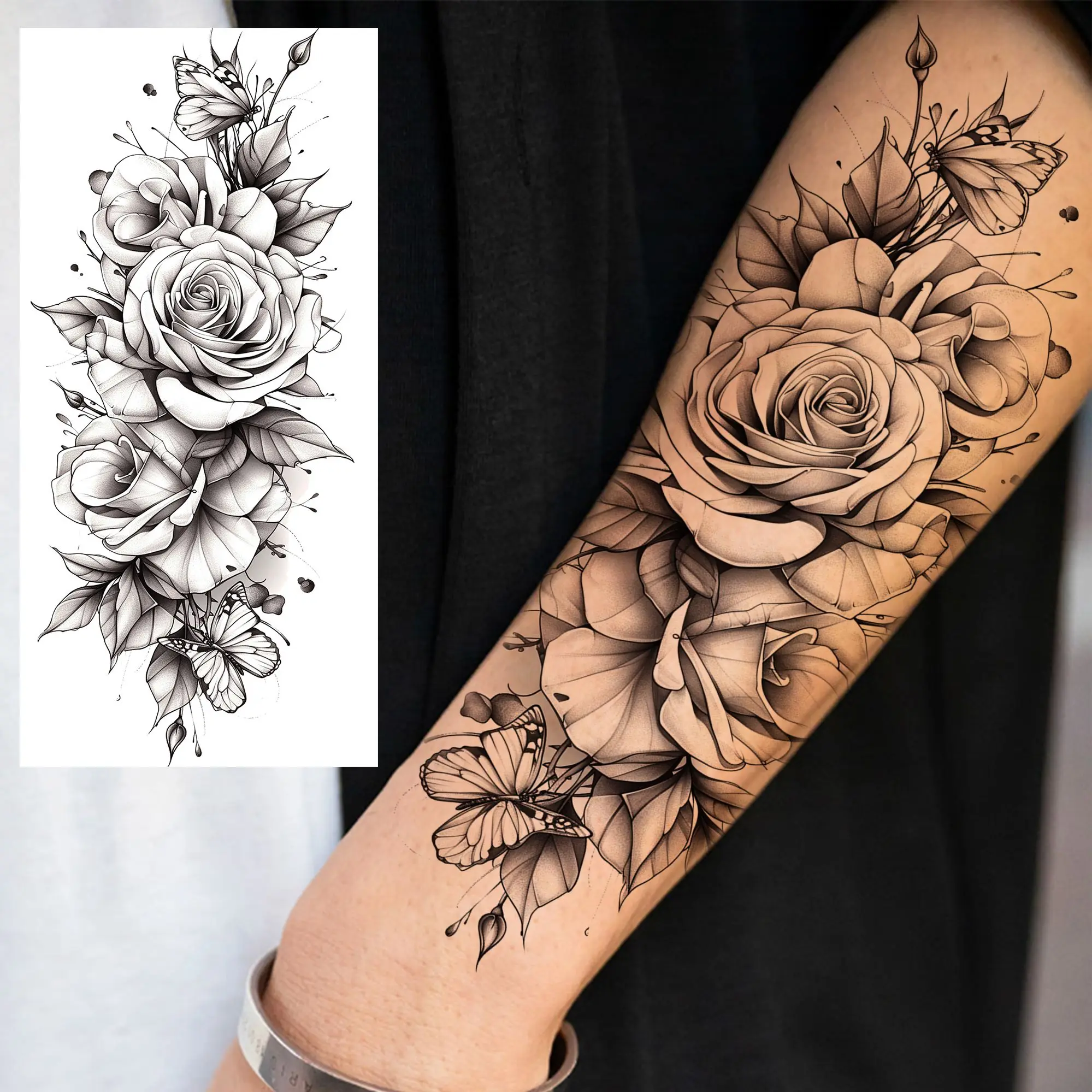 Afbeelding 7: 1 vel schildpad olifant bloemen tijdelijke tatoeages voor vrouwen meisjes schets pioenroos bloemen tatoeages waterdichte nep tattoo sticker