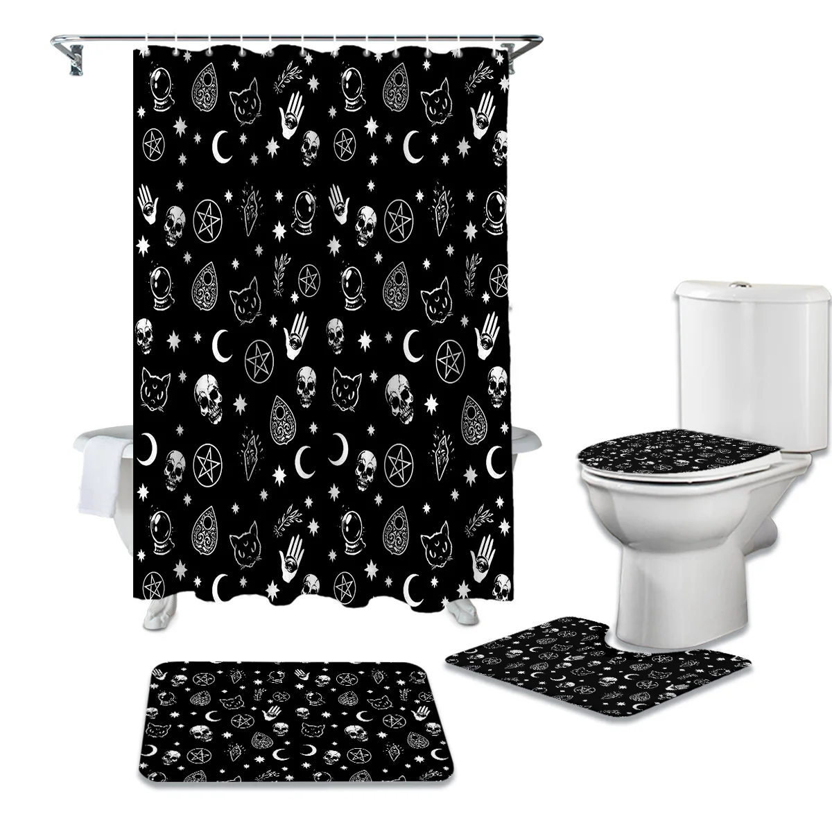 Black Witch Skull Moon Divination Waterproof Shower Curtain Rug Set Non-slip Bath Mat Toliet Cover Bathroom Shower Curtains