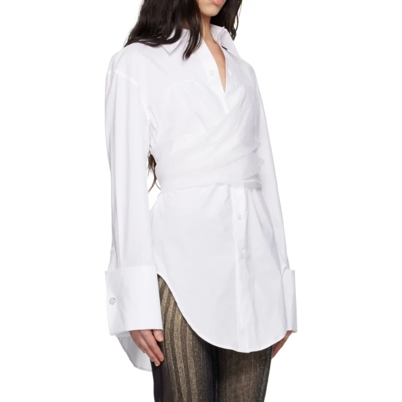 Chemise mi-longue à col taille haute pour femme, en coton organza, fermeture éclair au dos, y2k, haute qualité, à la mode, nouvelle collection automne