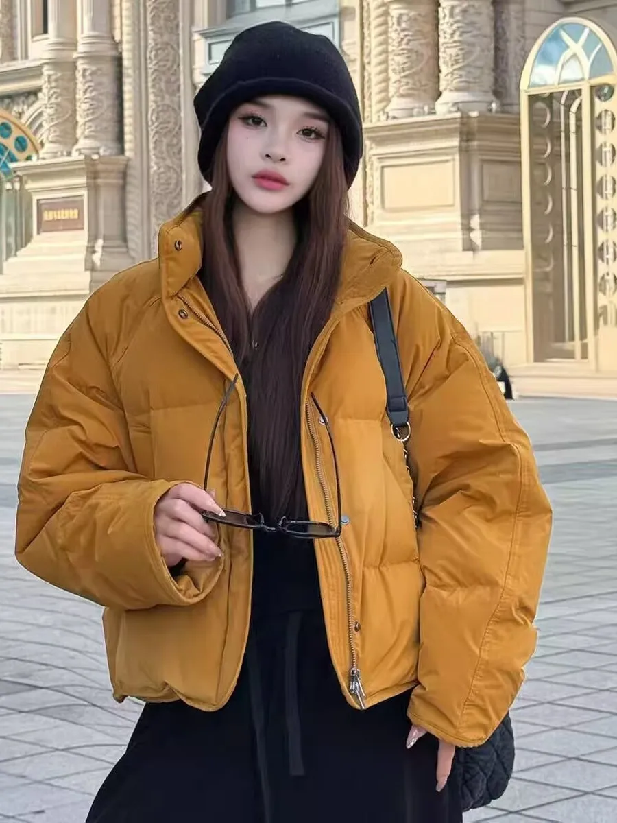 Korean Style Women's Short Puffer Jacket Thickened Stand Collar Bread Coat Warm Daily Wear Commuting Outerwear for Ladies