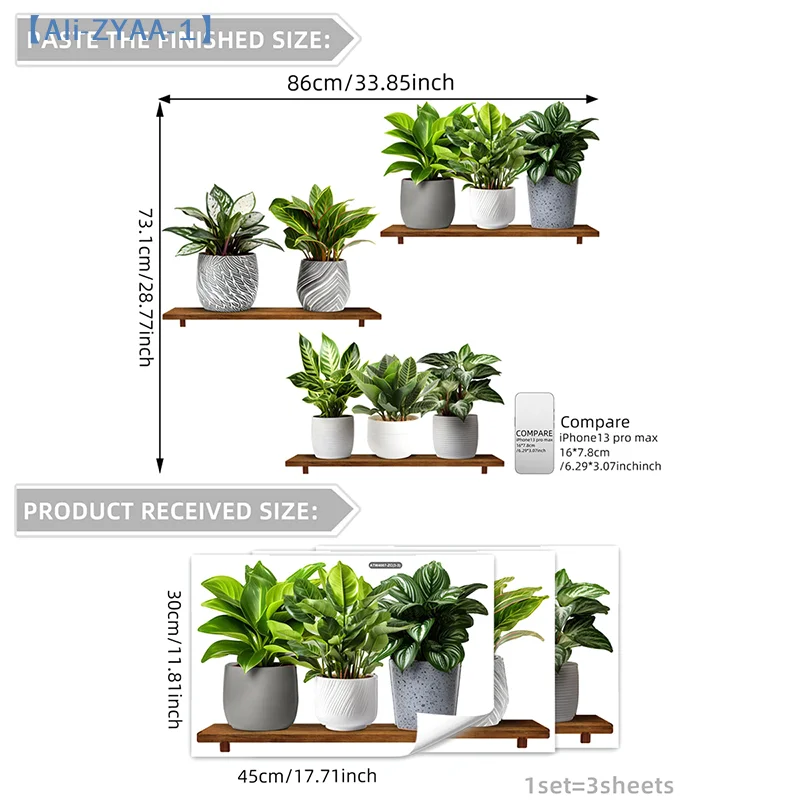 【ZYAA-1】3Pcs/Set Fake Green Plants Potted Plant 3D Wall Stickers Living Room Study Office Decor Waterproof Self Adhesive Decals
