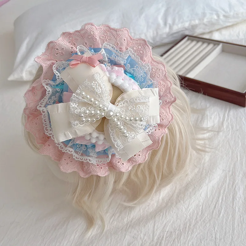 Cream Cake Lolita Original Handmade Top Hat Pearl Lace Bow French Birthday Hat Female