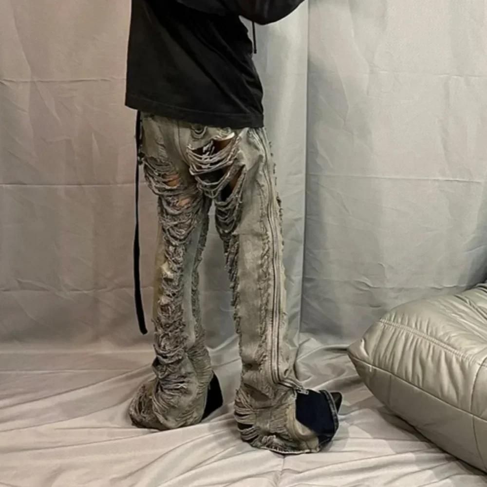 NIGO Men's Vintage Washed Aged Flared Pants Multi Zip Loose Straight Full Length Baggy Jeans #NGTOP11893